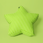 Superstar Crash Pad floor cushion with vibrant lime green and pale green stripes. Large star-shaped toddler seat made from eco-friendly recycled foam, perfect for bright playroom decor.
