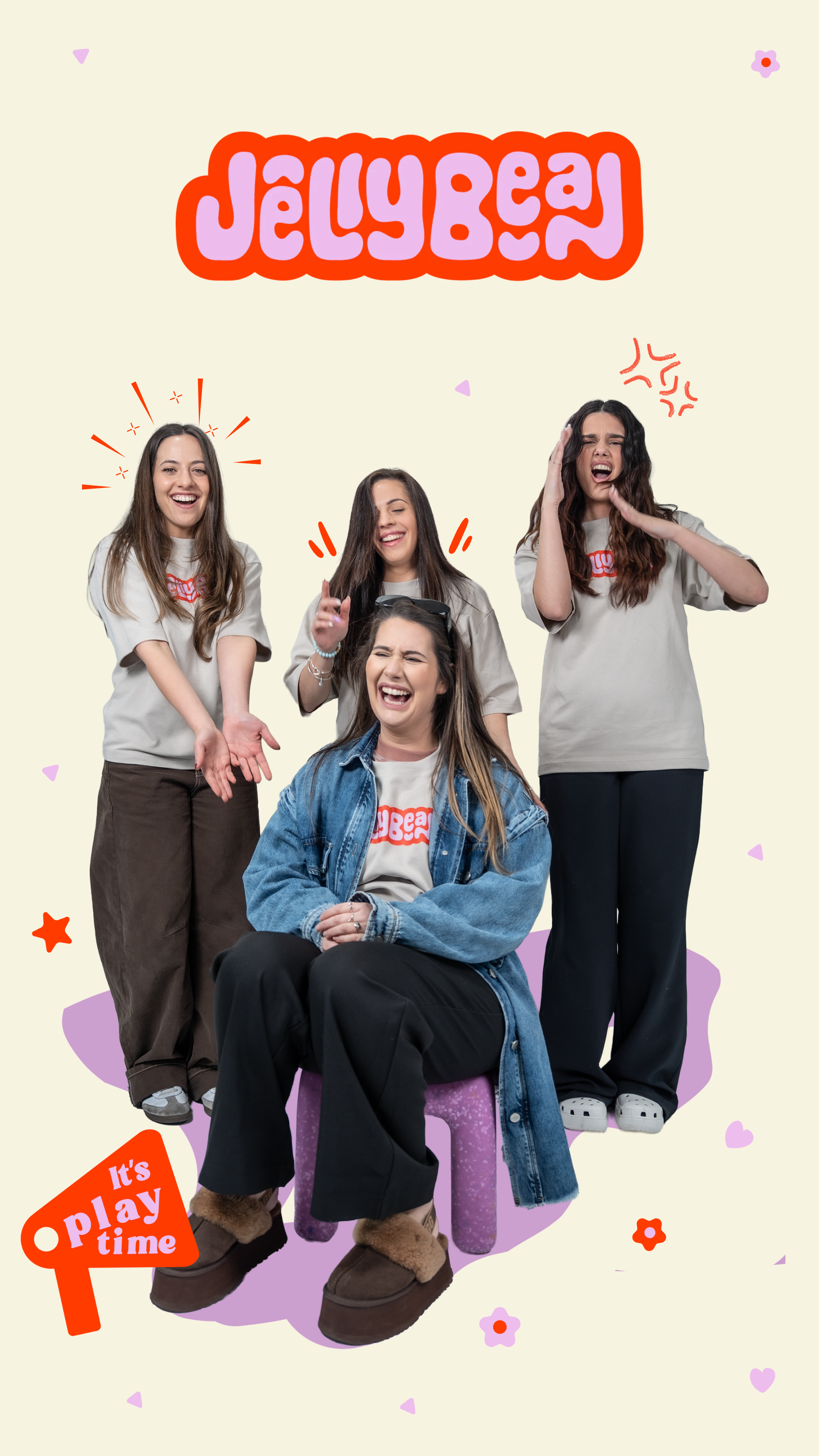 Four people posing together with 'JellyBean' branding and 'It's play time' text on a light background.